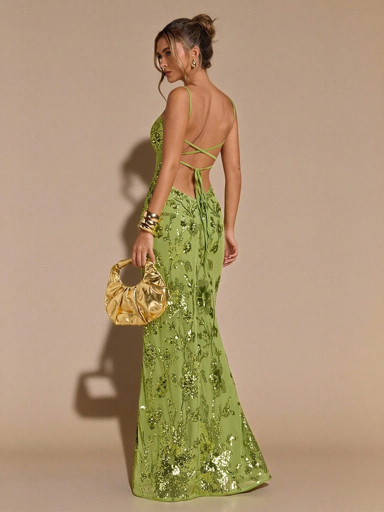 Luxury Green 3D Floral Embroidered Sequin Maxi Dress for Women – Backless Tie Strap Slim Fit Evening Gown for Weddings, Parties, and Formal Occasions