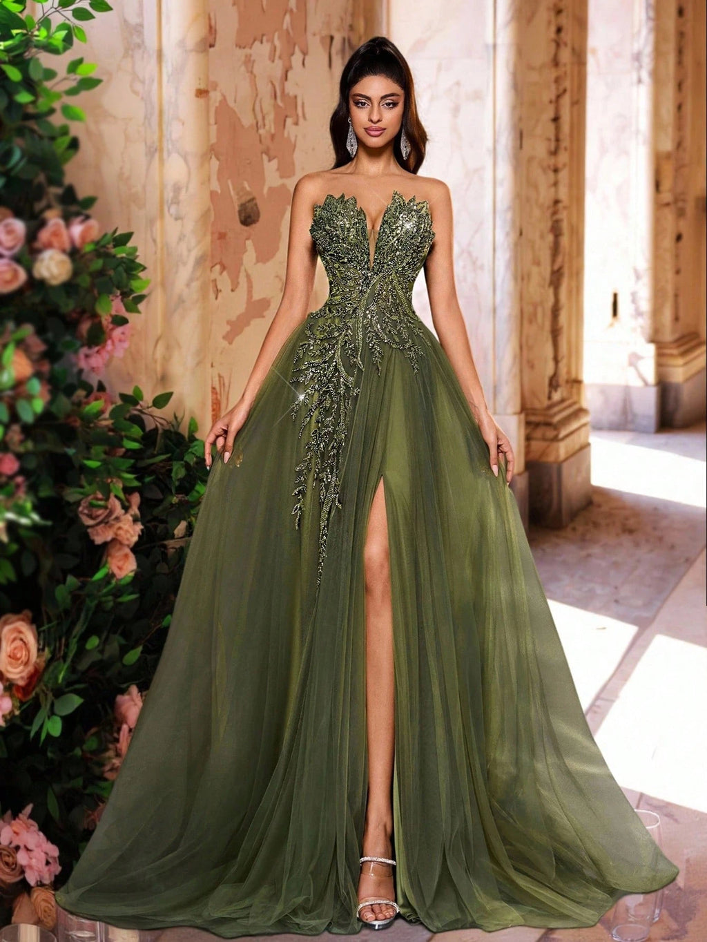 Luxury Green Beads Sequin Flower Pattern Evening Gown for Women – Adjustable Back Straps, Mesh Oversized Skirt for Weddings and Formal Events