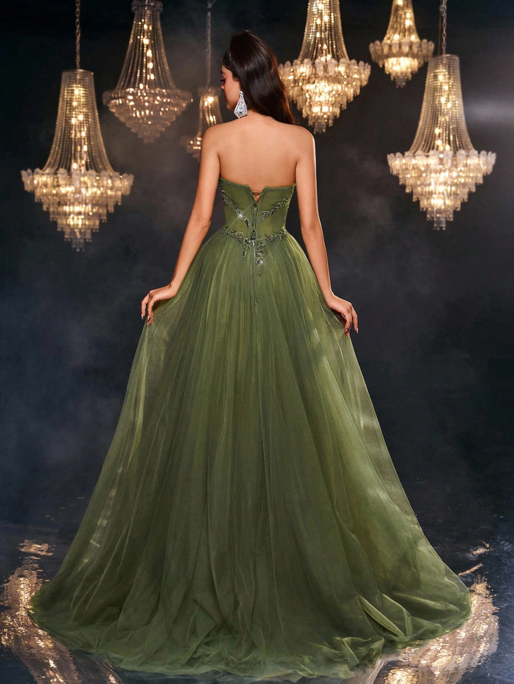 Luxury Green Beads Sequin Flower Pattern Evening Gown for Women – Adjustable Back Straps, Mesh Oversized Skirt for Weddings and Formal Events