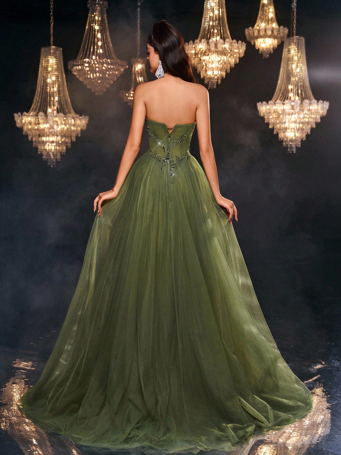 Luxury Green Beads Sequin Flower Pattern Evening Gown for Women – Adjustable Back Straps, Mesh Oversized Skirt for Weddings and Formal Events