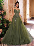 Luxury Green Beads Sequin Flower Pattern Evening Gown for Women – Adjustable Back Straps, Mesh Oversized Skirt for Weddings and Formal Events