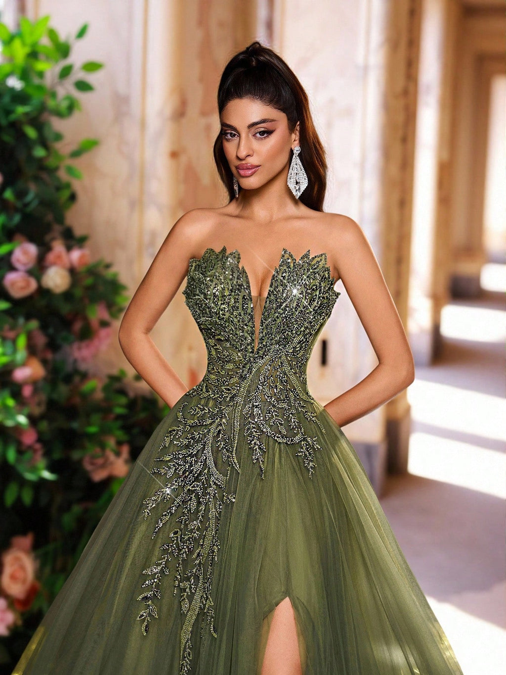 Luxury Green Beads Sequin Flower Pattern Evening Gown for Women – Adjustable Back Straps, Mesh Oversized Skirt for Weddings and Formal Events