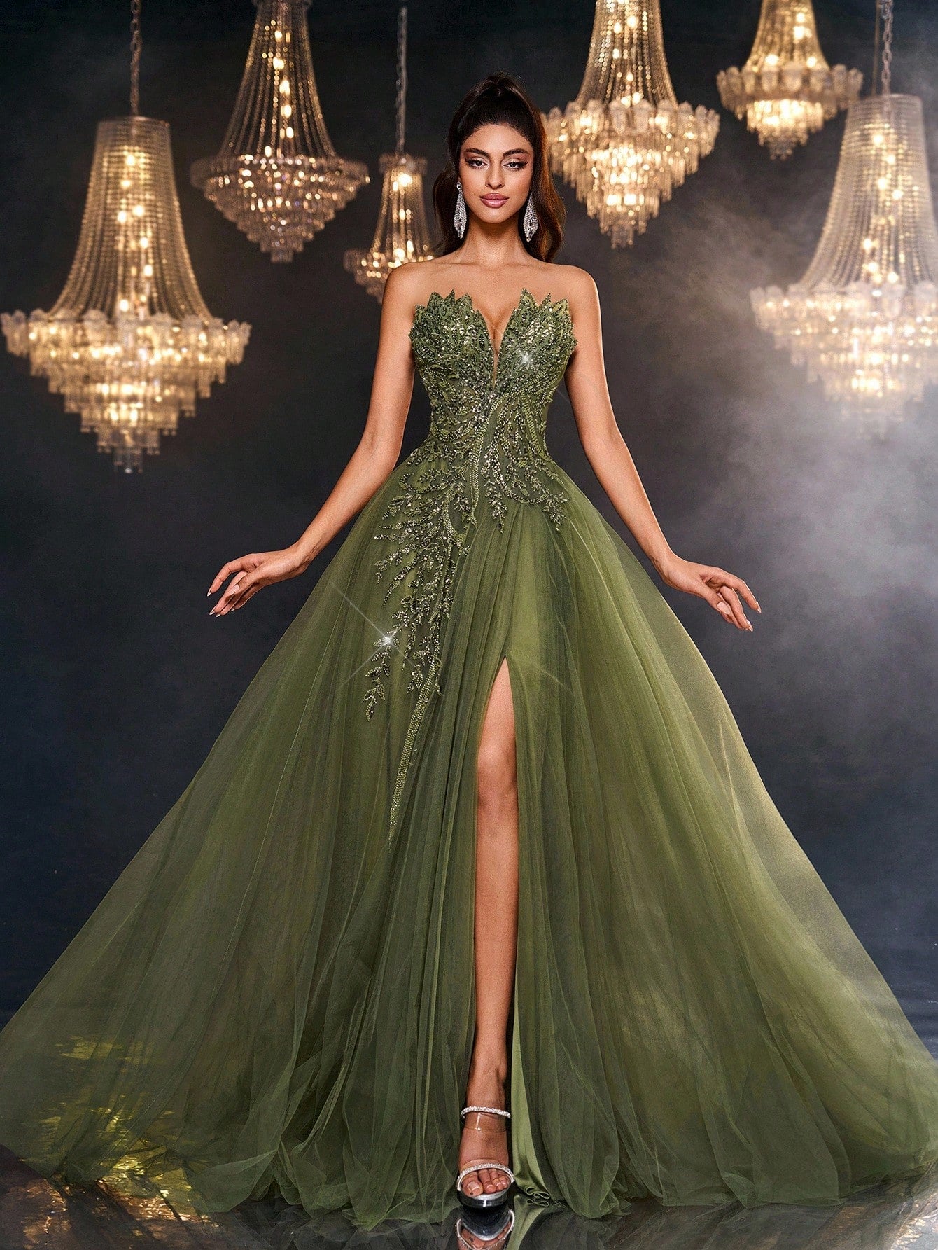 Luxury Green Beads Sequin Flower Pattern Evening Gown for Women – Adjustable Back Straps, Mesh Oversized Skirt for Weddings and Formal Events