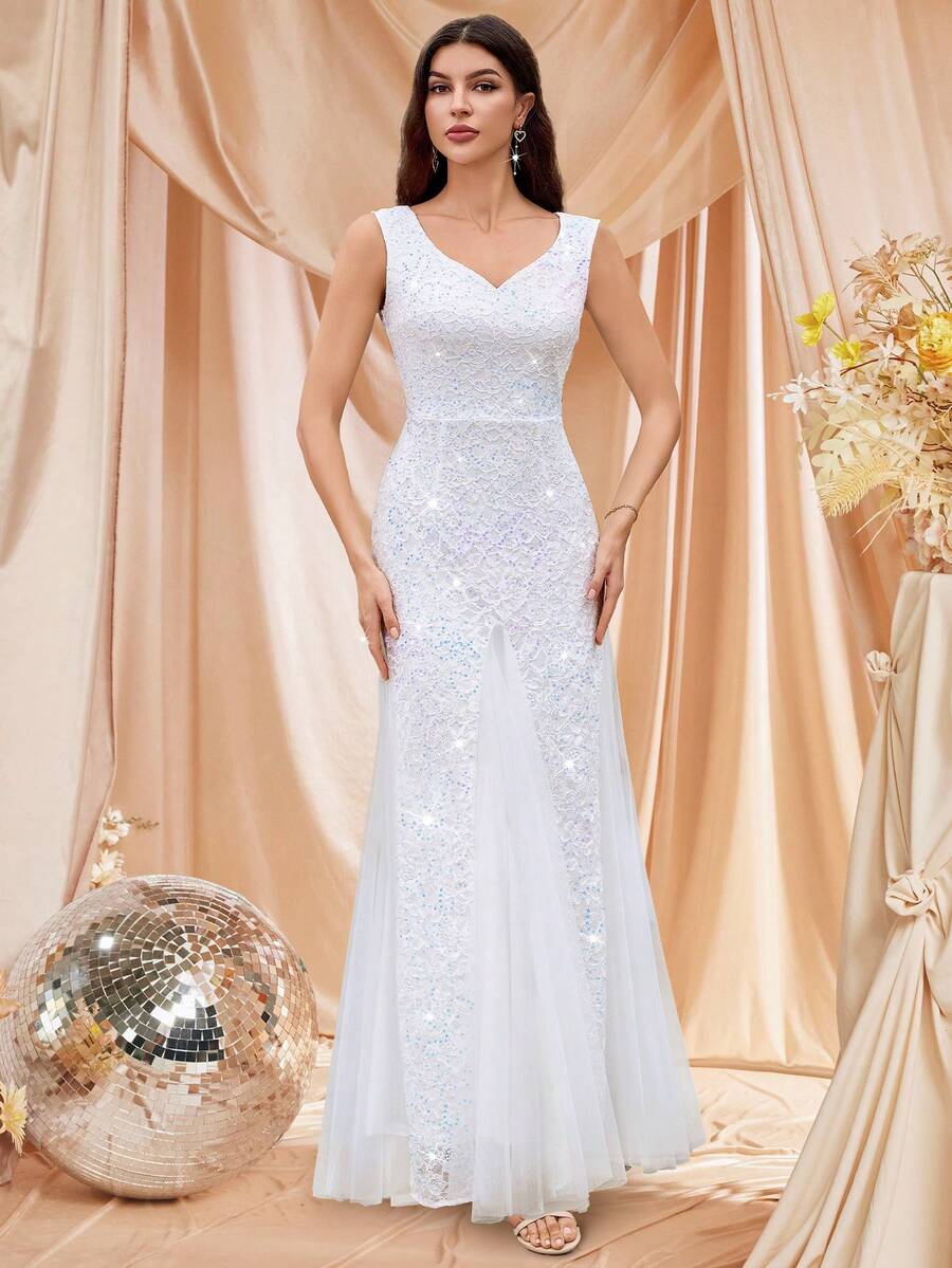 Luxury White Lace Bridal Dress for Women – Sweetheart Neckline Sequin Mesh Mermaid Hem Evening Gown with Slim Fit for Elegant Weddings