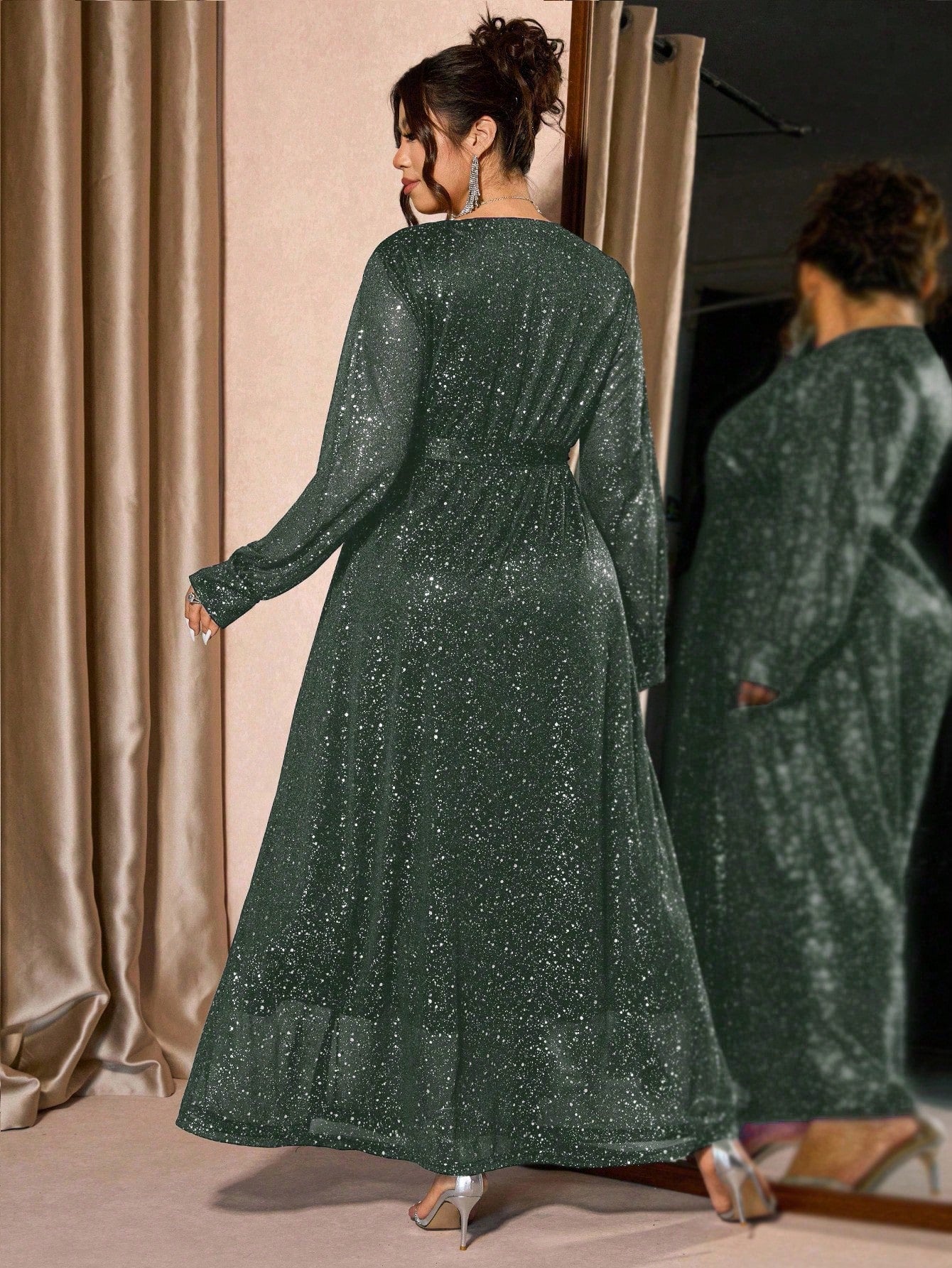 Midnight Women Starlight Plus Size Black V-Neck Glitter Gown – Long Sleeve Slit Evening Dress