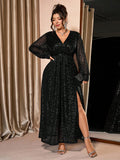 Midnight Women Starlight Plus Size Black V-Neck Glitter Gown – Long Sleeve Slit Evening Dress