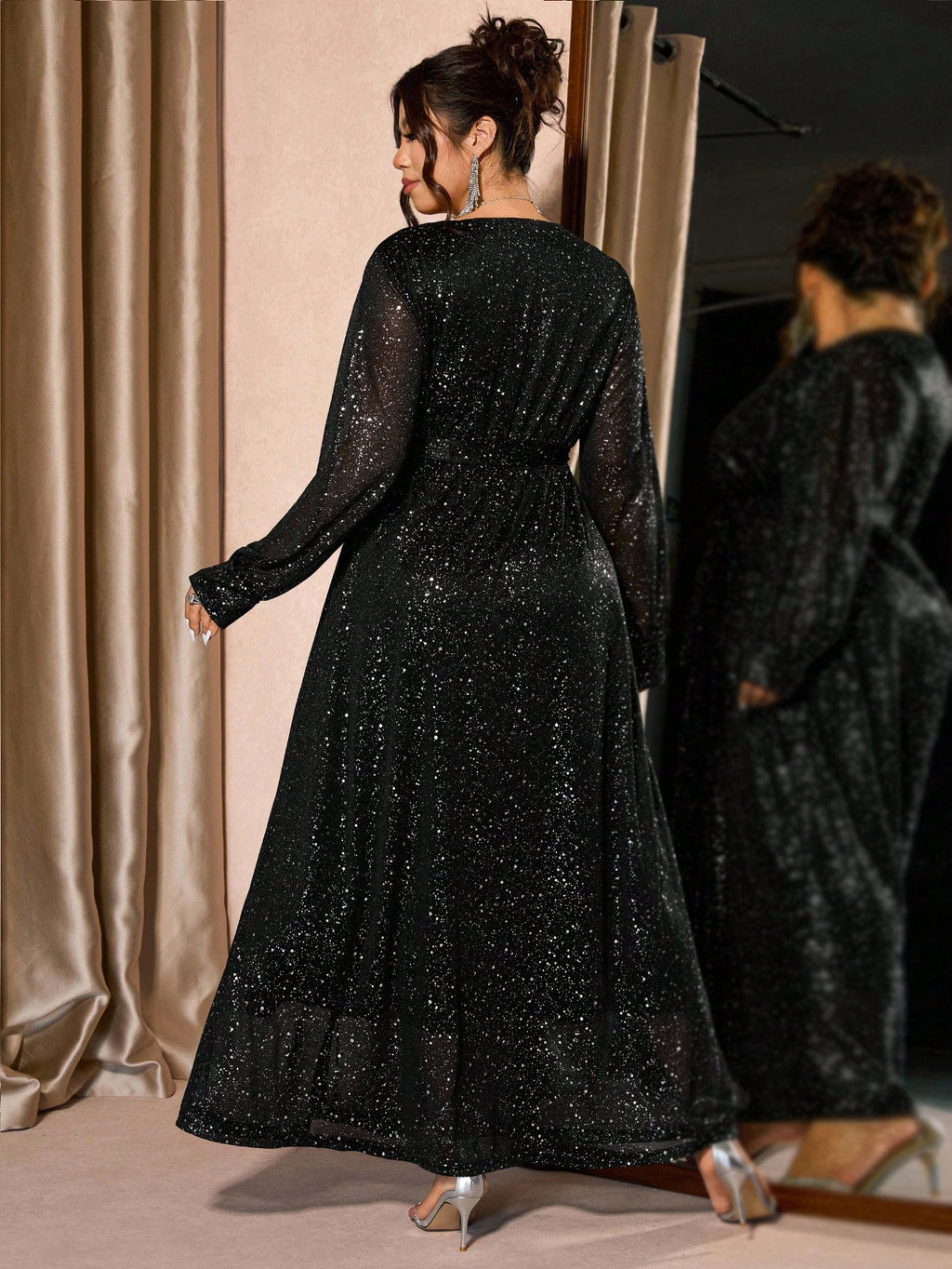 Midnight Women Starlight Plus Size Black V-Neck Glitter Gown – Long Sleeve Slit Evening Dress