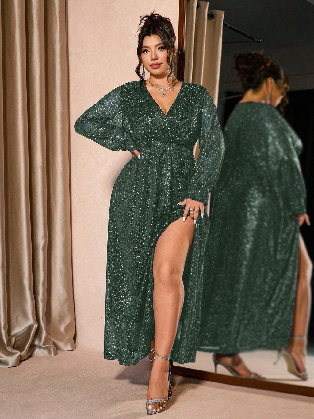 Midnight Women Starlight Plus Size Black V-Neck Glitter Gown – Long Sleeve Slit Evening Dress