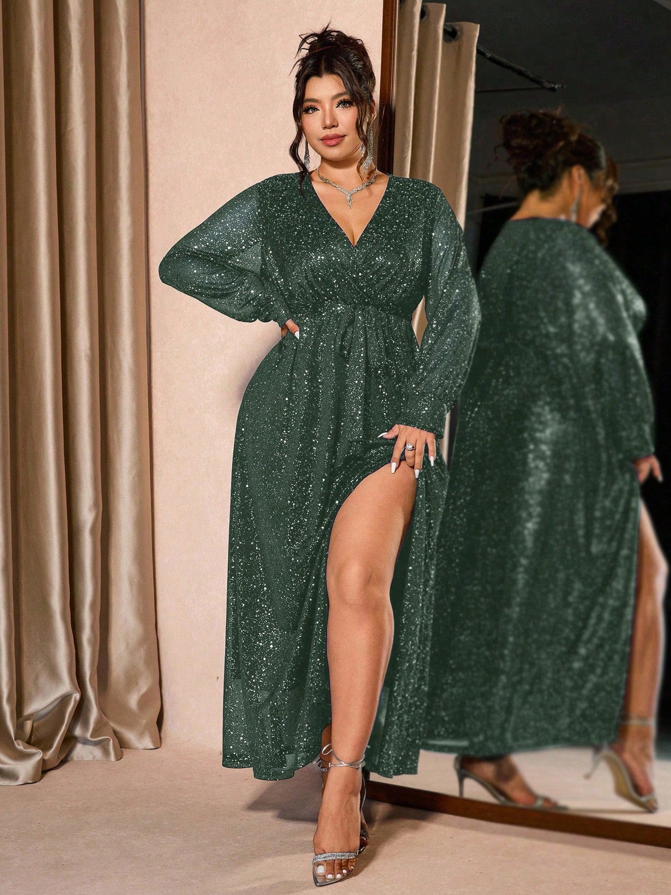 Midnight Women Starlight Plus Size Black V-Neck Glitter Gown – Long Sleeve Slit Evening Dress