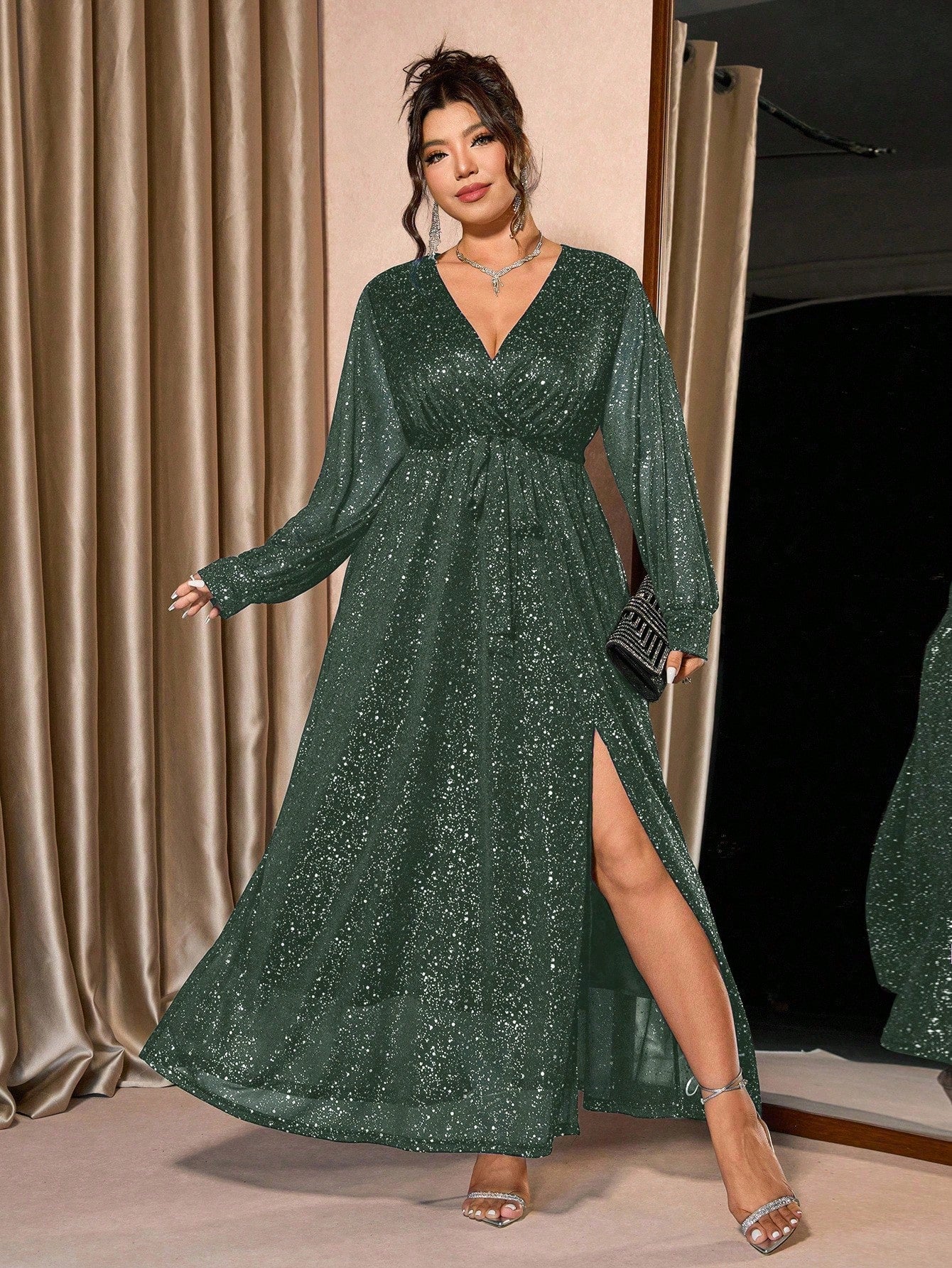 Midnight Women Starlight Plus Size Black V-Neck Glitter Gown – Long Sleeve Slit Evening Dress