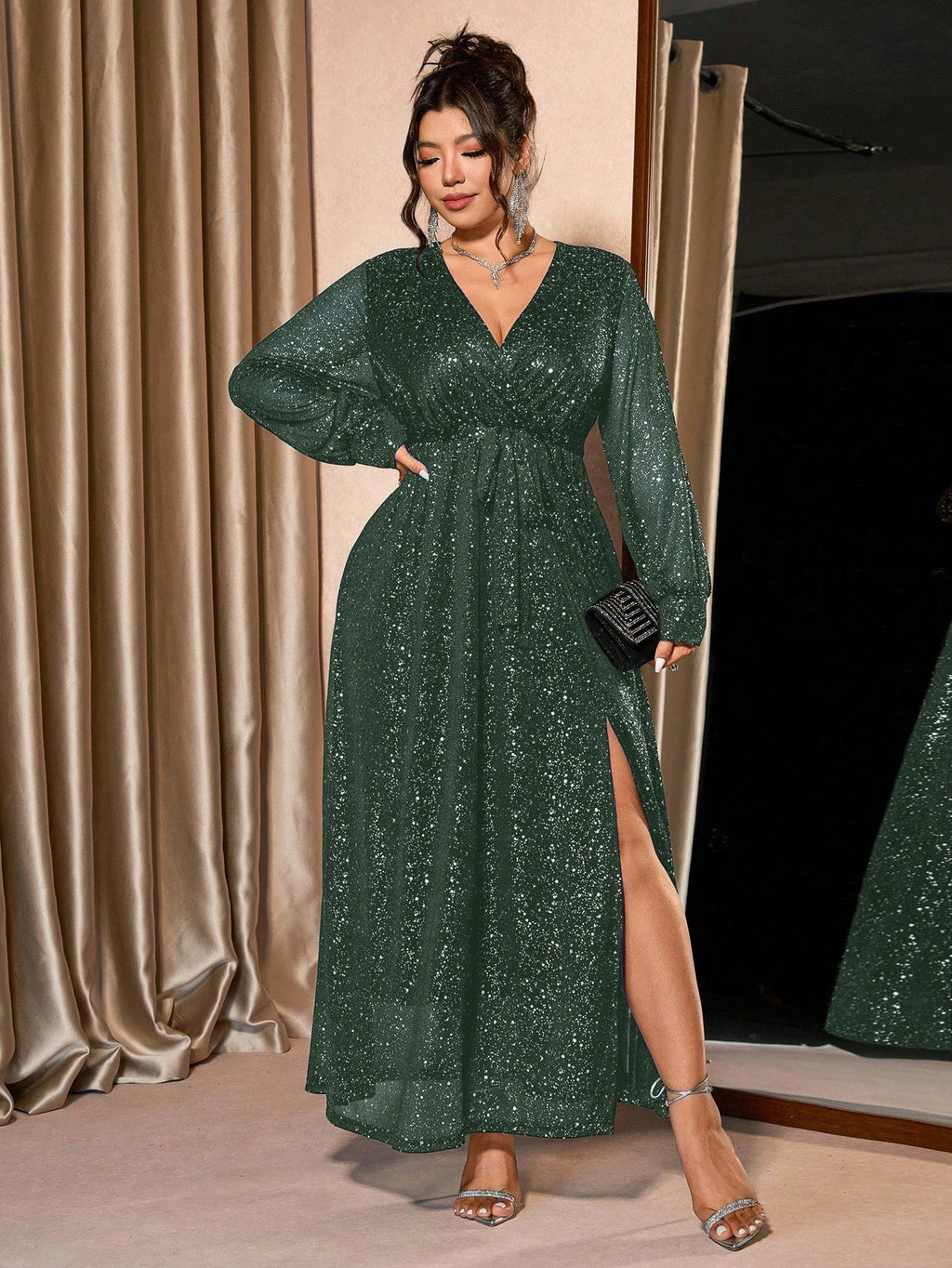 Midnight Women Starlight Plus Size Black V-Neck Glitter Gown – Long Sleeve Slit Evening Dress