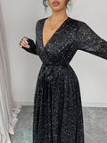 Women’s Black Sequin Embellished Long Sleeve Party Maxi Dress – Luxury Evening Gown