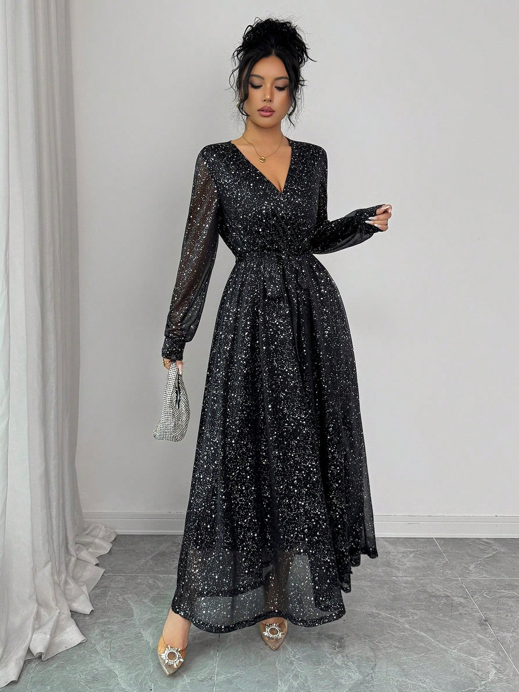 Women’s Black Sequin Embellished Long Sleeve Party Maxi Dress – Luxury Evening Gown