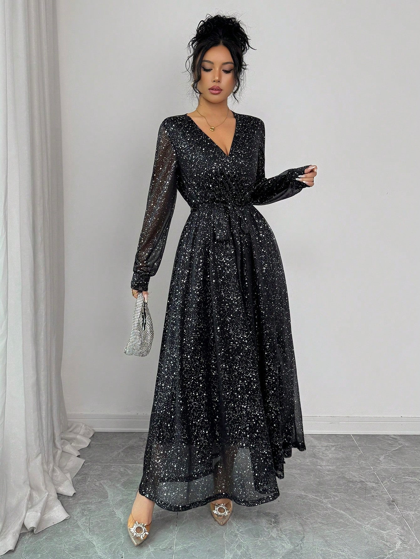 Women’s Black Sequin Embellished Long Sleeve Party Maxi Dress – Luxury Evening Gown