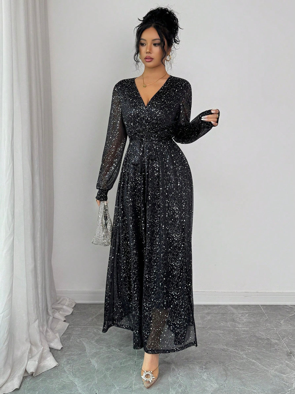 Women’s Black Sequin Embellished Long Sleeve Party Maxi Dress – Luxury Evening Gown