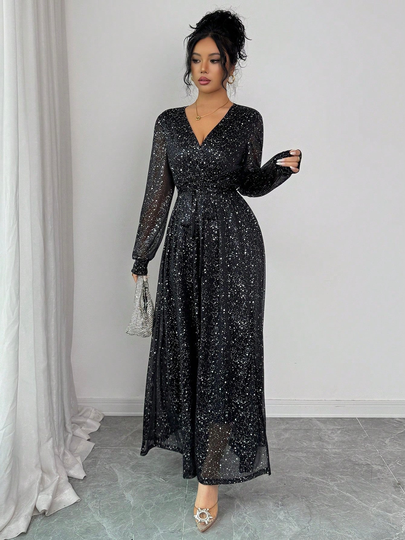 Women’s Black Sequin Embellished Long Sleeve Party Maxi Dress – Luxury Evening Gown