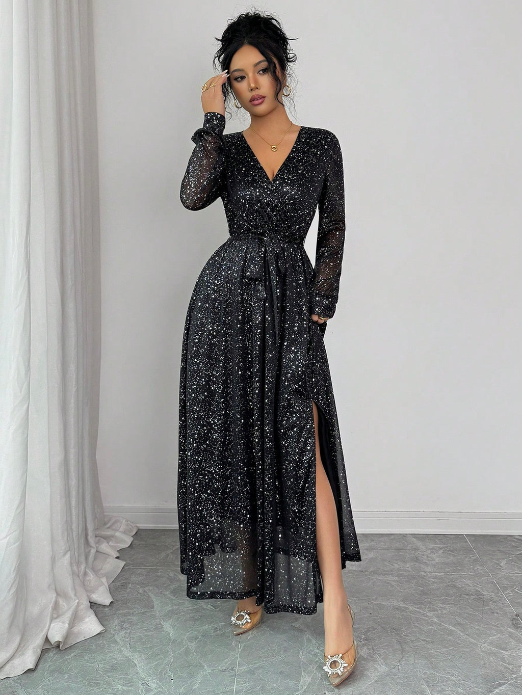 Women’s Black Sequin Embellished Long Sleeve Party Maxi Dress – Luxury Evening Gown