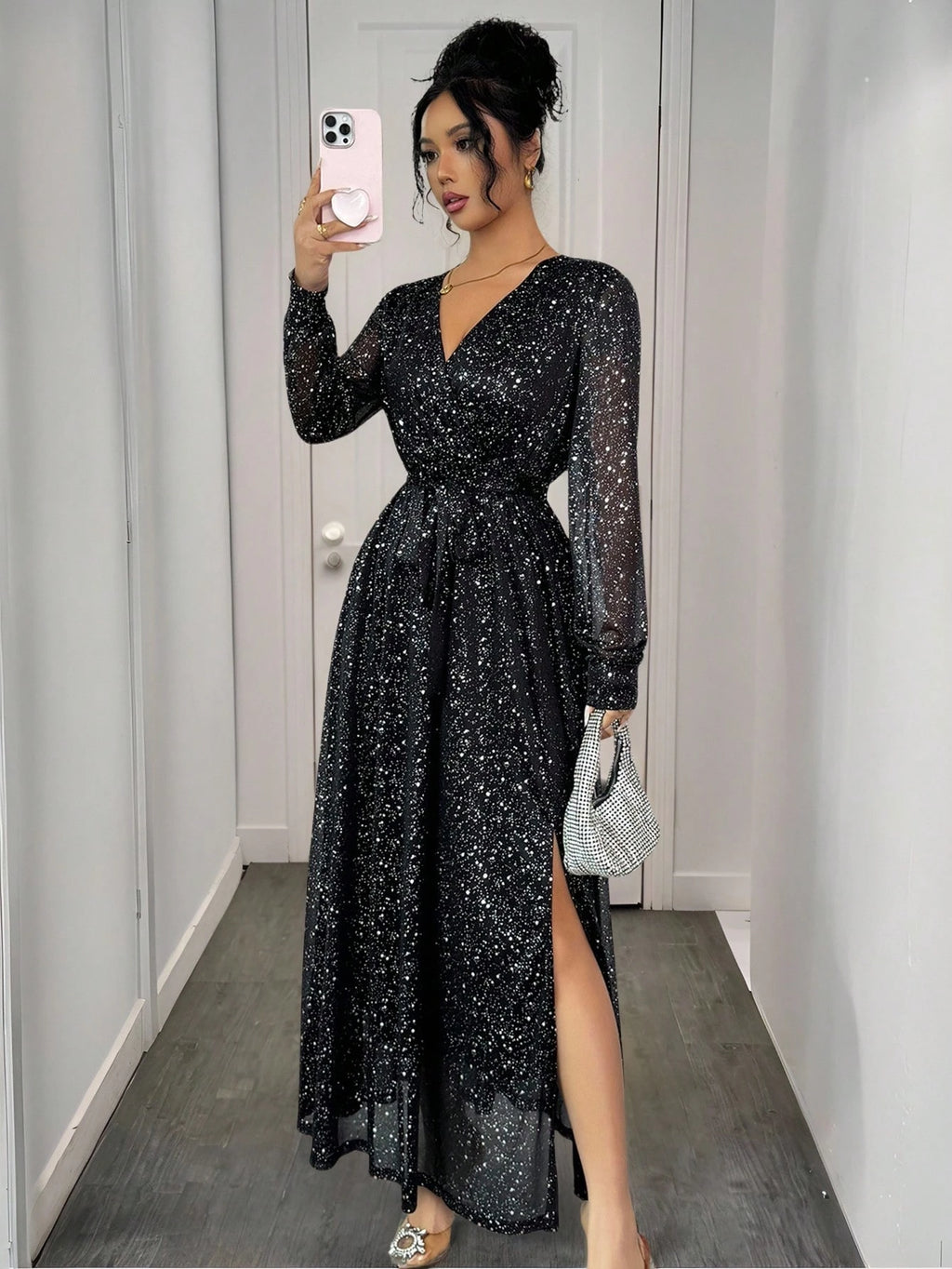 Women’s Black Sequin Embellished Long Sleeve Party Maxi Dress – Luxury Evening Gown