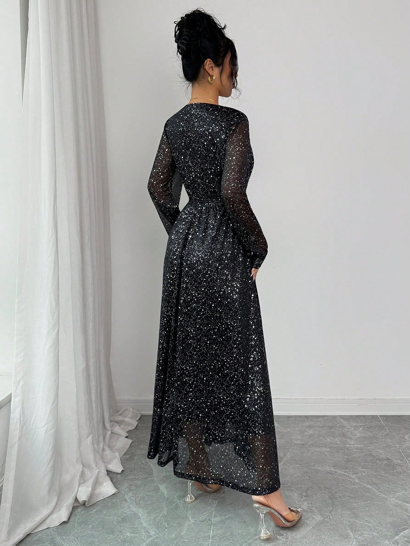 Women’s Black Sequin Embellished Long Sleeve Party Maxi Dress – Luxury Evening Gown