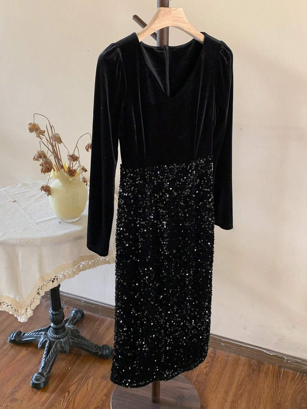 Women’s Black Sequin Patchwork Long Sleeve Midi Dress – Elegant Slim-Fit Evening, Party & Prom Gown
