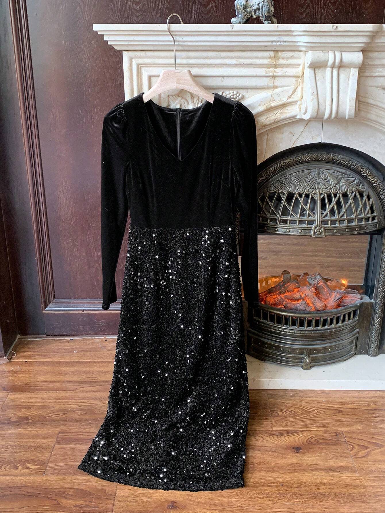 Women’s Black Sequin Patchwork Long Sleeve Midi Dress – Elegant Slim-Fit Evening, Party & Prom Gown