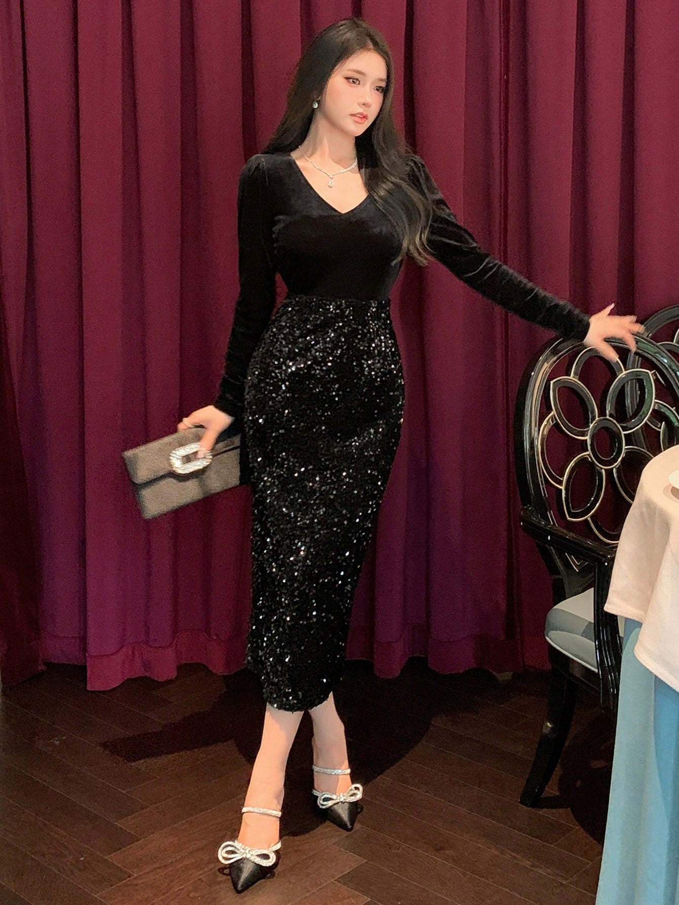 Women’s Black Sequin Patchwork Long Sleeve Midi Dress – Elegant Slim-Fit Evening, Party & Prom Gown