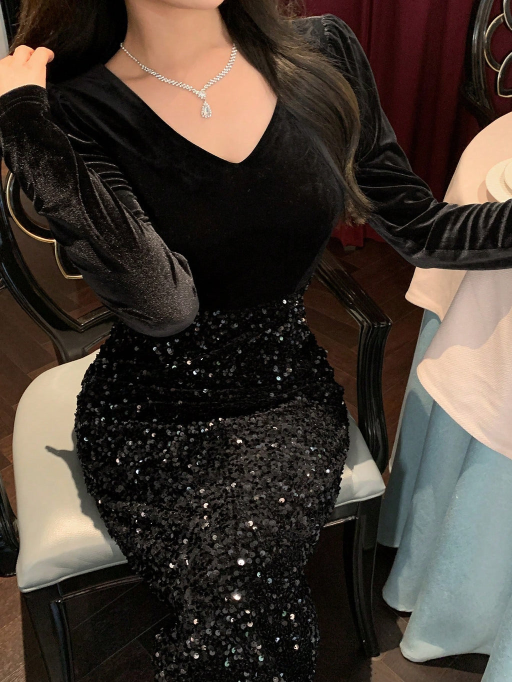 Women’s Black Sequin Patchwork Long Sleeve Midi Dress – Elegant Slim-Fit Evening, Party & Prom Gown