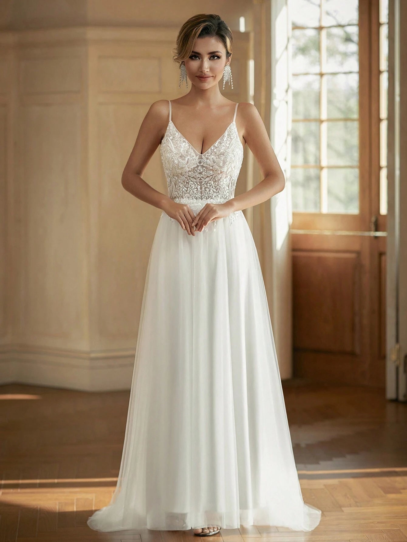 Women’s Floral Embroidered V-Neck Spaghetti Strap Mesh Wedding Dress – White Elegant Bridal Mesh Maxi Gown