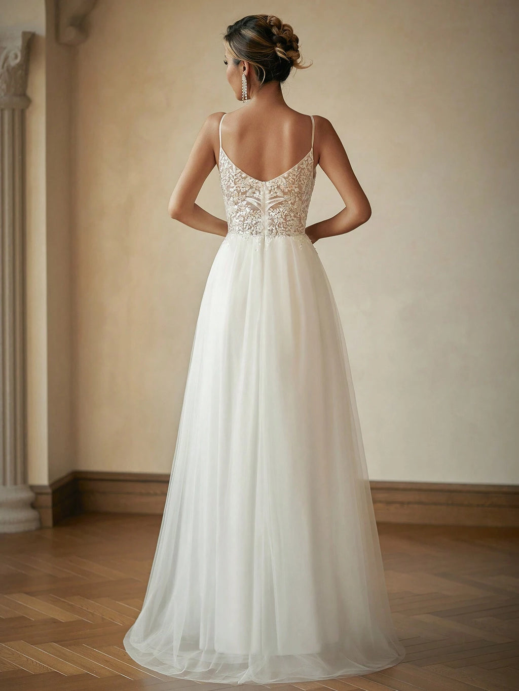 Women’s Floral Embroidered V-Neck Spaghetti Strap Mesh Wedding Dress – White Elegant Bridal Mesh Maxi Gown