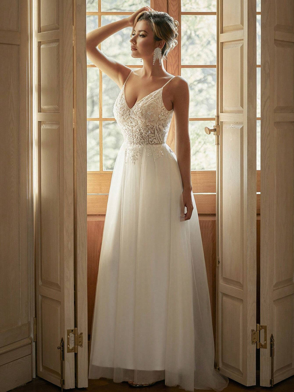 Women’s Floral Embroidered V-Neck Spaghetti Strap Mesh Wedding Dress – White Elegant Bridal Mesh Maxi Gown