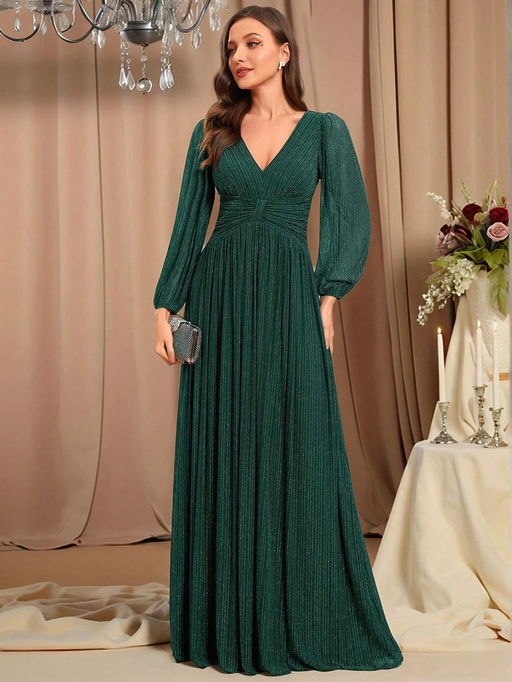 Women’s Luxury Black Sparkly V-Neck Lantern Sleeve Evening Gown – Formal Long Sleeve Wedding Guest & Party Dress