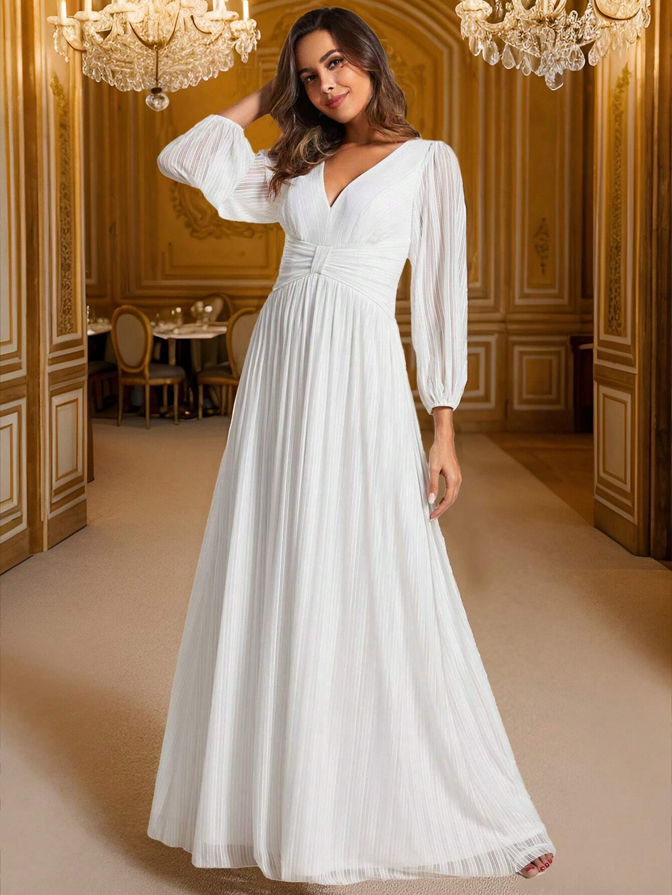 Women’s Luxury Black Sparkly V-Neck Lantern Sleeve Evening Gown – Formal Long Sleeve Wedding Guest & Party Dress