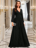 Women’s Luxury Black Sparkly V-Neck Lantern Sleeve Evening Gown – Formal Long Sleeve Wedding Guest & Party Dress