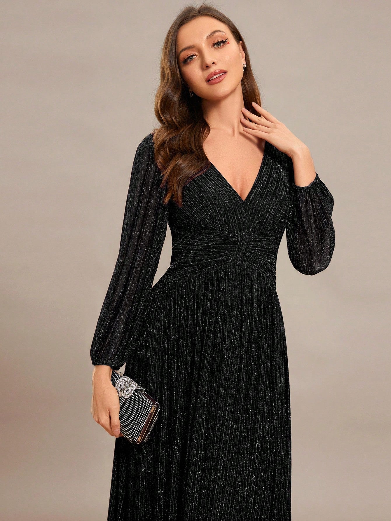 Women’s Luxury Black Sparkly V-Neck Lantern Sleeve Evening Gown – Formal Long Sleeve Wedding Guest & Party Dress