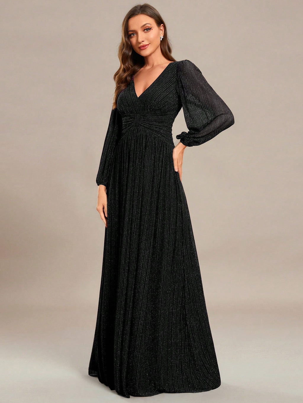 Women’s Luxury Black Sparkly V-Neck Lantern Sleeve Evening Gown – Formal Long Sleeve Wedding Guest & Party Dress