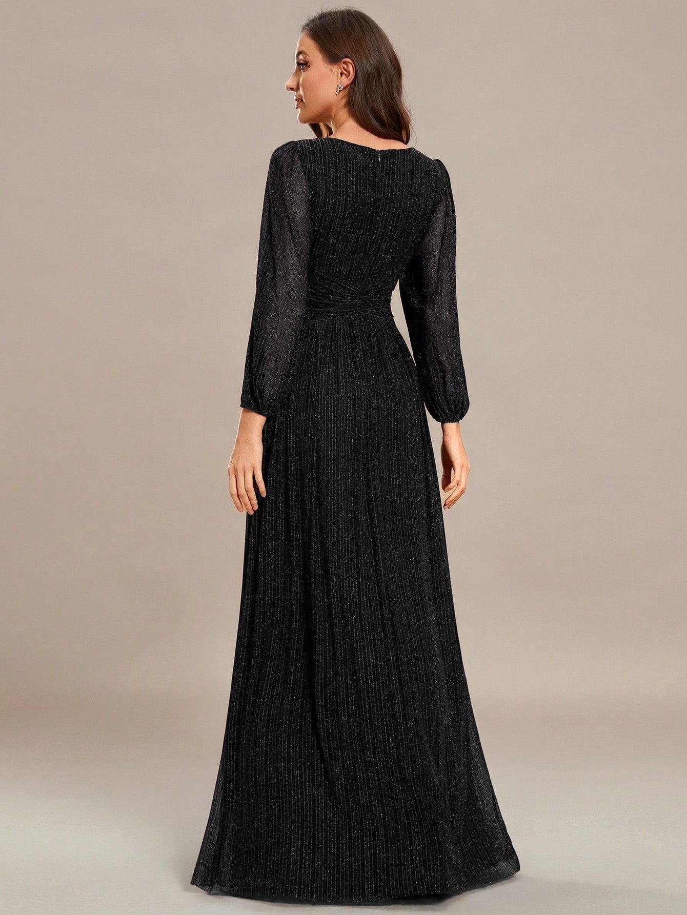 Women’s Luxury Black Sparkly V-Neck Lantern Sleeve Evening Gown – Formal Long Sleeve Wedding Guest & Party Dress
