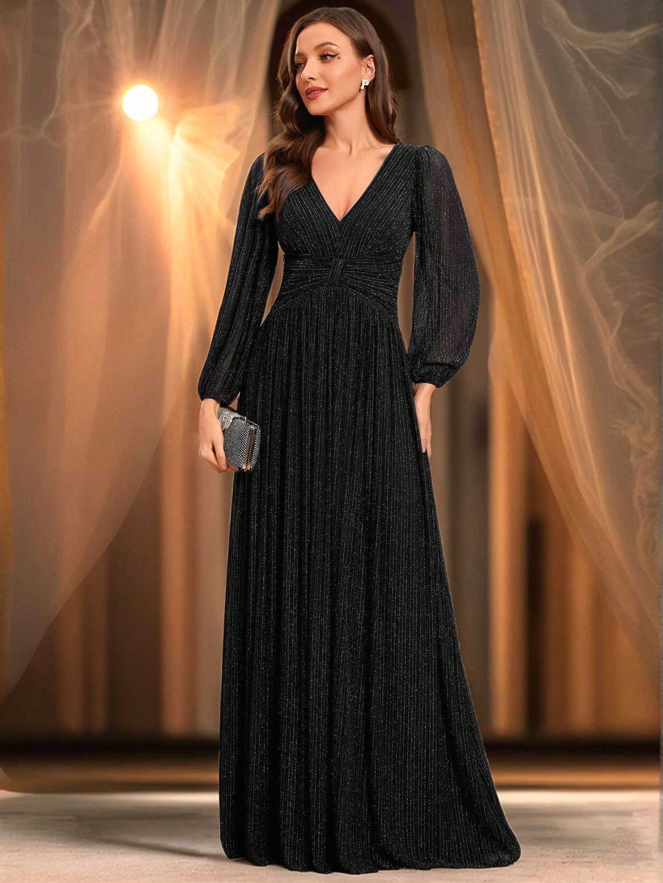 Women’s Luxury Black Sparkly V-Neck Lantern Sleeve Evening Gown – Formal Long Sleeve Wedding Guest & Party Dress