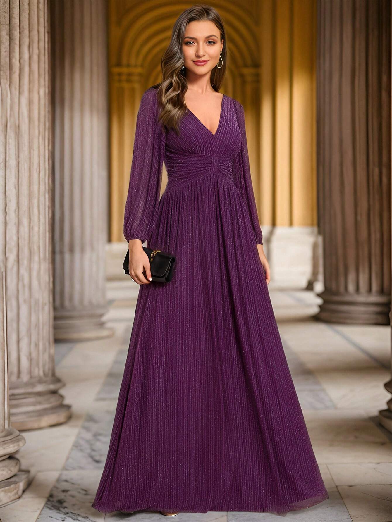 Women’s Luxury Black Sparkly V-Neck Lantern Sleeve Evening Gown – Formal Long Sleeve Wedding Guest & Party Dress