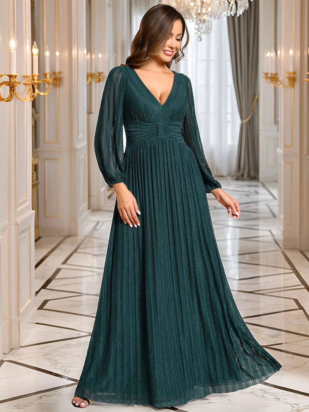 Women’s Luxury Black Sparkly V-Neck Lantern Sleeve Evening Gown – Formal Long Sleeve Wedding Guest & Party Dress