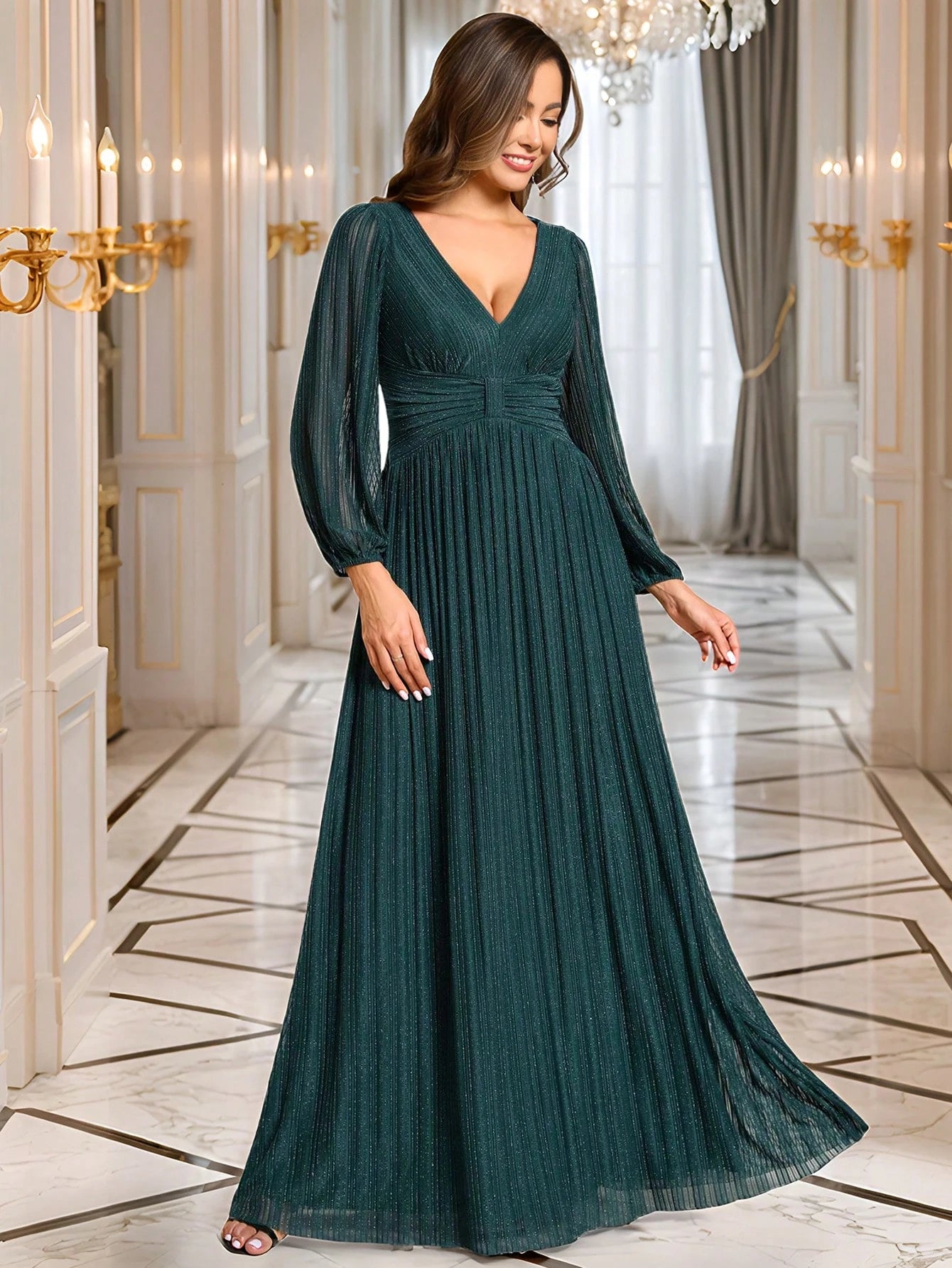 Women’s Luxury Black Sparkly V-Neck Lantern Sleeve Evening Gown – Formal Long Sleeve Wedding Guest & Party Dress