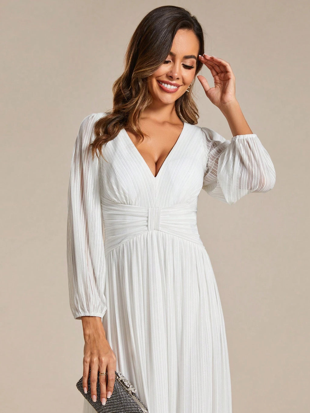 Women’s Luxury Black Sparkly V-Neck Lantern Sleeve Evening Gown – Formal Long Sleeve Wedding Guest & Party Dress