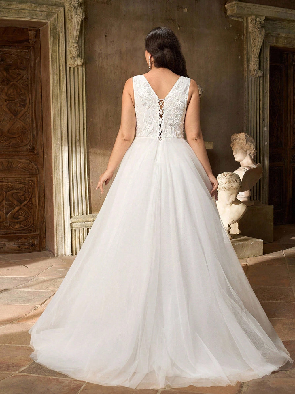 Women’s Plus Size White Deep V Neck Sequin Beaded Mesh A-Line Majestic Bridal Wedding Dress