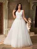 Women’s Plus Size White Deep V Neck Sequin Beaded Mesh A-Line Majestic Bridal Wedding Dress