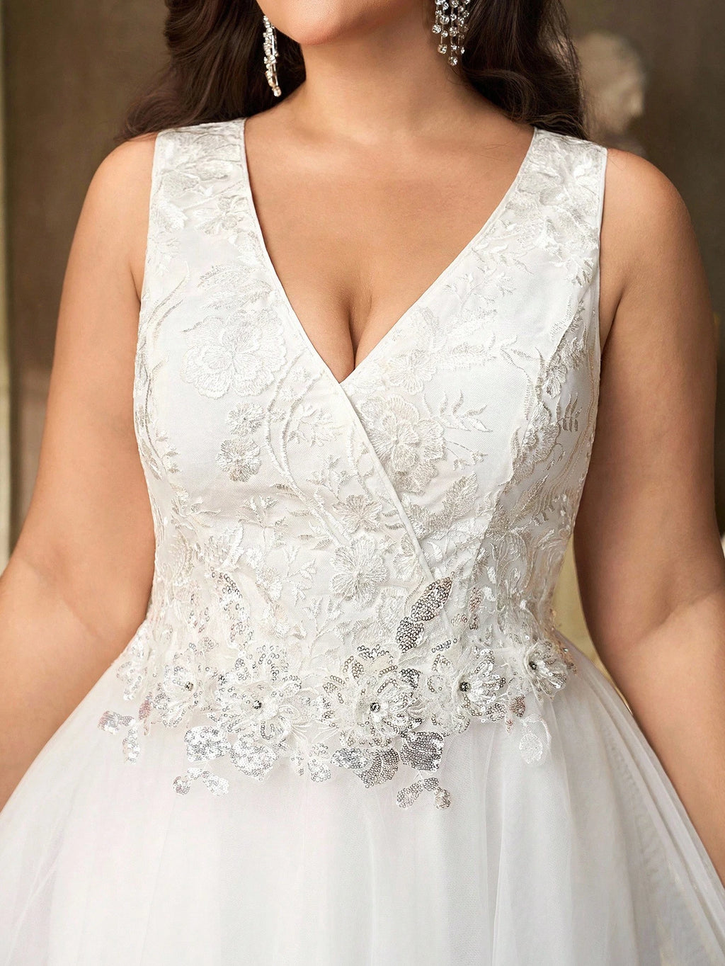 Women’s Plus Size White Deep V Neck Sequin Beaded Mesh A-Line Majestic Bridal Wedding Dress