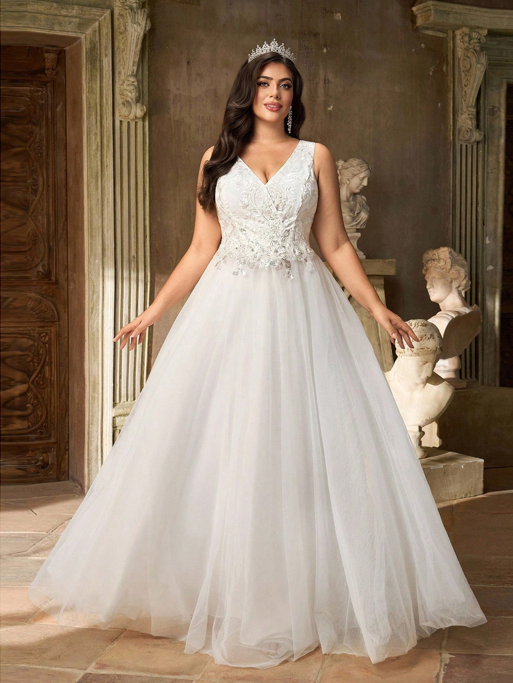Women’s Plus Size White Deep V Neck Sequin Beaded Mesh A-Line Majestic Bridal Wedding Dress