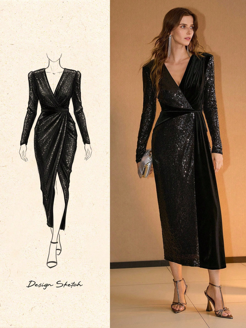 Women’s Premium Black Velvet Sequin Surplice Neck Split-Thigh Long Evening Dress