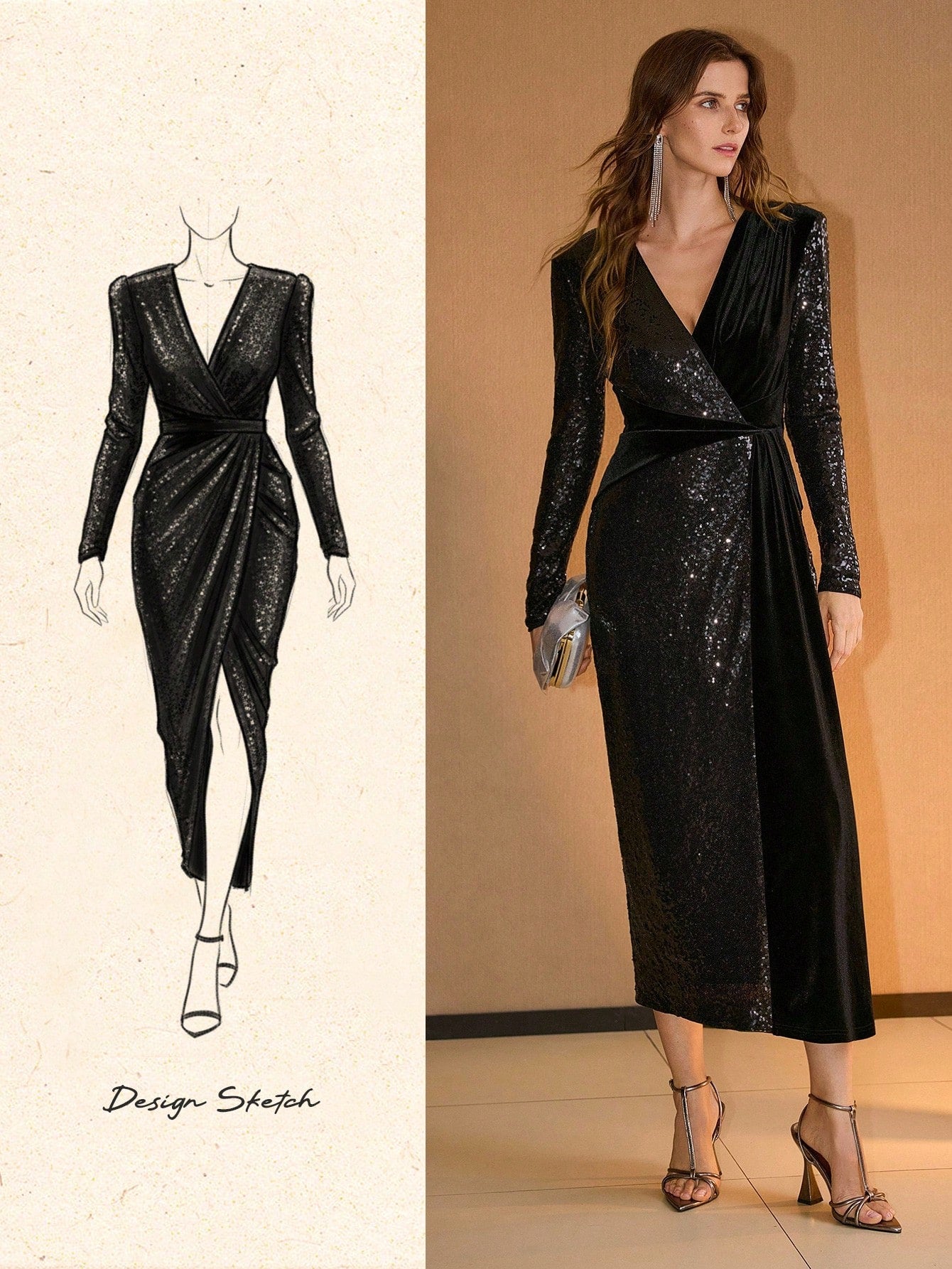 Women’s Premium Black Velvet Sequin Surplice Neck Split-Thigh Long Evening Dress