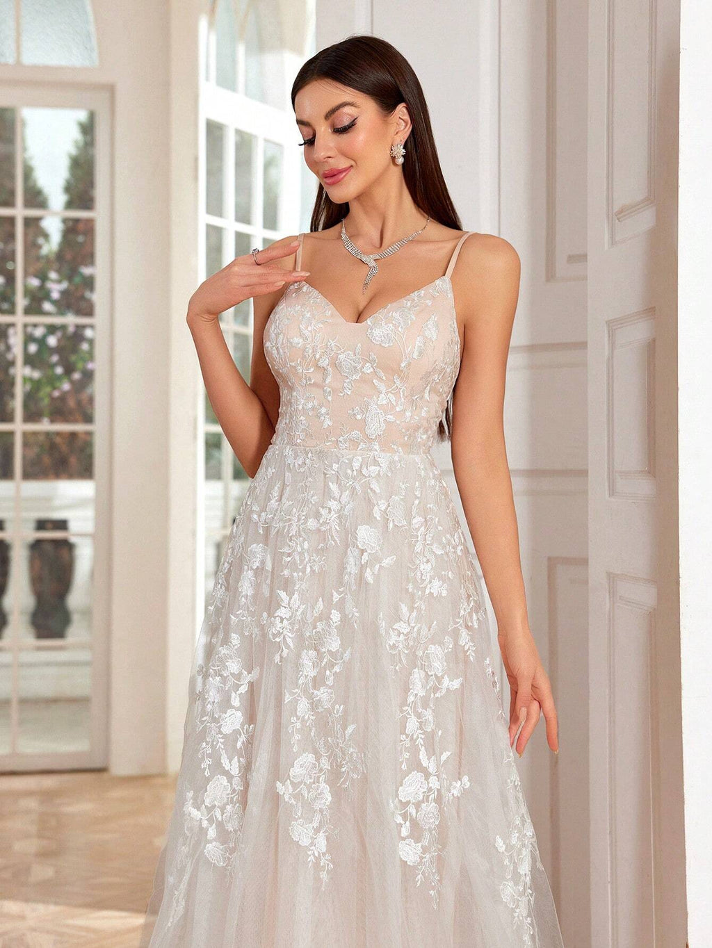 Women’s Romantic Floral Lace Spaghetti Strap White Bridal Swing Dress – Elegant Mesh A-Line Wedding Gown