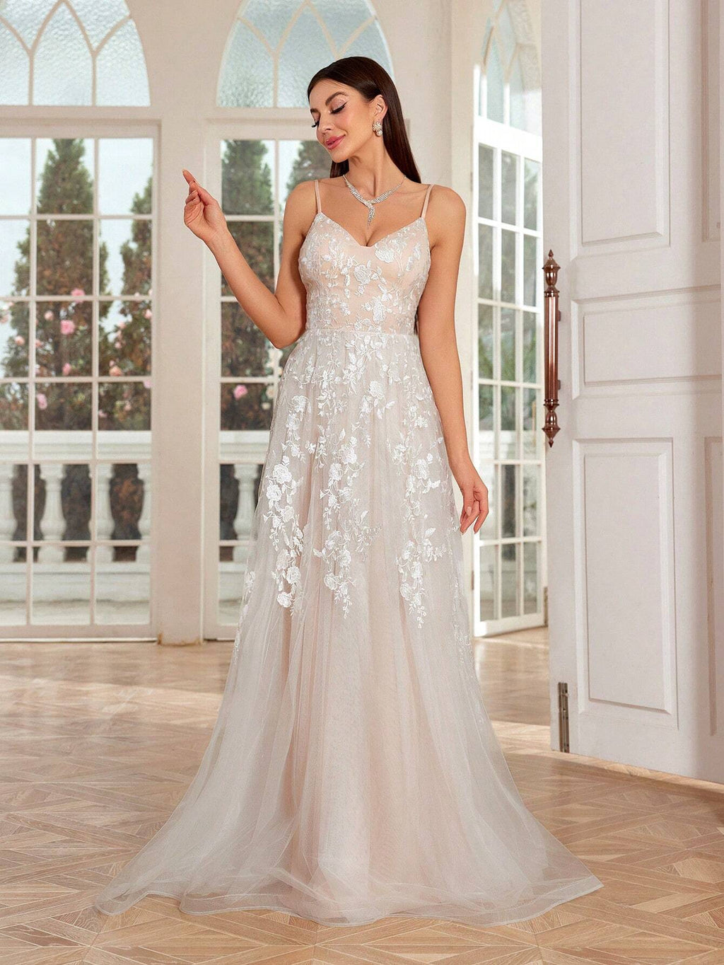 Women’s Romantic Floral Lace Spaghetti Strap White Bridal Swing Dress – Elegant Mesh A-Line Wedding Gown